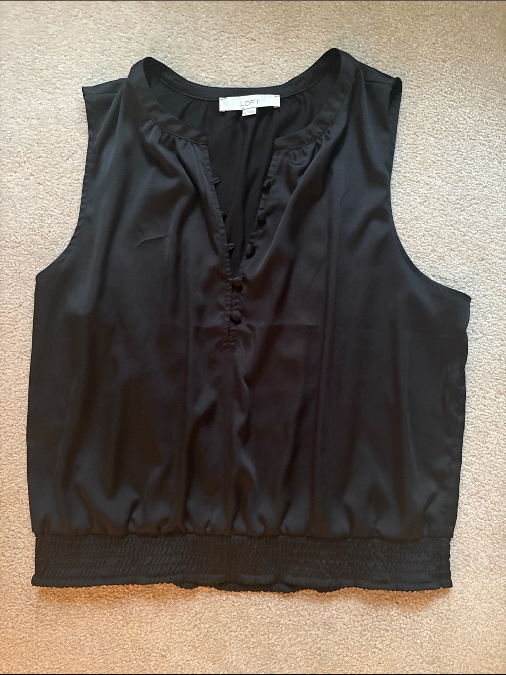 LOFT Black Sleeveless V-Neck Camisole with Smocked Hem